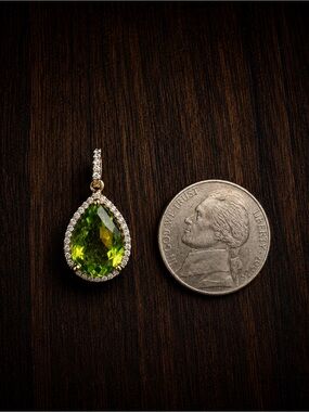 Large 14k Genuine Peridot Teardrop Pendant with Natural Diamonds in Halo Setting